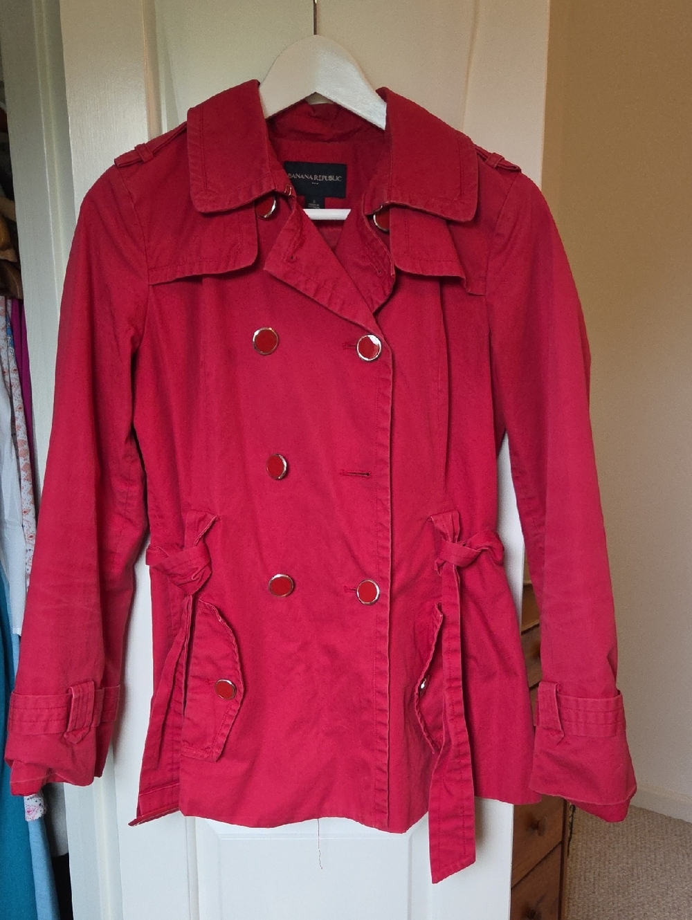 Banana Republic Bright Red Double-Breasted Trench with Waist Tie